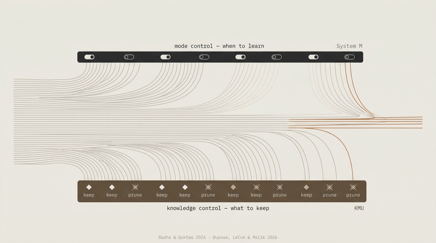 Two control layers filtering a stream of experience: mode control above, knowledge control below.